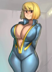 Rule 34 | 1girl, :&gt;, black eyes, blonde hair, blue jumpsuit, bob cut, breasts, fallout (series), fallout 4, highres, jumpsuit, kelvin hiu, large breasts, looking at viewer, mob face, naughty face, navel, no bra, open clothes, open vest, shiny clothes, shiny skin, short hair, simple background, solid oval eyes, solo, standing, vault girl, vault suit, vest