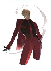 Rule 34 | 1boy, absurdres, black gloves, black shirt, cigarette, dr11ge, formal, gloves, hand on own hip, highres, looking down, necktie, one piece, pants, red necktie, red pants, red suit, sanji (one piece), shirt, smoke trail, solo, suit, white background
