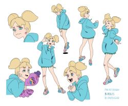 Rule 34 | 1girl, alternate costume, bandaid, blonde hair, blue eyes, bubbles (ppg), character name, character sheet, commentary, earrings, english commentary, english text, floating, head rest, highres, holding, holding toy, hood, hooded sweater, jewelry, looking at viewer, multiple views, octi, octopus, aged up, onasugar, open mouth, powerpuff girls, shoes, sneakers, socks, star-shaped pupils, star (symbol), stuffed animal, stuffed toy, sweater, symbol-shaped pupils, tearing up, toy, twintails, twitter username, waving