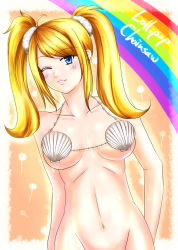 Rule 34 | 1girl, alternate costume, bikini, bikini top only, blonde hair, blue eyes, blush, bottomless, breasts, grasshopper manufacture, groin, juliet starling, large breasts, lollipop chainsaw, long hair, miru (millefeuille), navel, one eye closed, out-of-frame censoring, rainbow, scrunchie, shell, shell bikini, solo, swimsuit, twintails, underboob, white bikini, wink