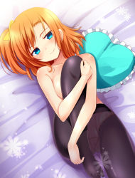Rule 34 | 10s, 1girl, bed sheet, blue eyes, blush, body blush, breasts, frilled pillow, frills, head tilt, heart, heart-shaped pillow, kosaka honoka, looking at viewer, love live!, love live! school idol project, lying, medium breasts, natsuki shuri, no shoes, one side up, orange hair, panties, panties only, panties under pantyhose, pantyhose, pillow, short hair, smile, solo, topless, underwear, underwear only