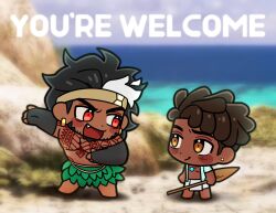 Rule 34 | 2boys, :d, alternate facial hair, baptiste (overwatch), bara, beach, beard, black hair, blush, blush stickers, chest tattoo, chibi, couple, dark-skinned male, dark skin, dreadlocks, elbow gloves, english text, facial hair, fang, fang out, full beard, full body, gloves, happy, headband, male focus, mature male, mauga (overwatch), moana (movie), multiple boys, muscular, muscular male, mustache, open mouth, overwatch, overwatch 2, pectorals, red eyes, shoulder tattoo, size difference, smile, standing, tattoo, thick eyebrows, thre shar, topless male, undercut, v-shaped eyebrows, yaoi
