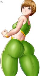 Rule 34 | 1girl, alternate costume, arcedo, ass, ass focus, bare shoulders, breasts, brown eyes, brown hair, from behind, from below, highres, huge ass, looking at viewer, medium breasts, open mouth, pants, parted lips, persona, persona 4, satonaka chie, short hair, sideboob, solo, sports bra, sweatdrop, thick thighs, thighs, tight clothes, tight pants