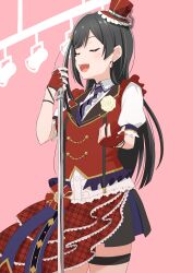 Rule 34 | 1girl, absurdres, black hair, chase! (love live!), closed eyes, commentary, earrings, fingerless gloves, gloves, hair ornament, hat, highres, holding, holding microphone, jewelry, love live!, love live! nijigasaki high school idol club, microphone, microphone stand, music, one side up, orinasu, pink background, red gloves, red hat, sidelocks, singing, solo, suspenders, symbol-only commentary, yuki setsuna (love live!)
