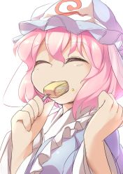 Rule 34 | 1girl, ^ ^, blush, clenched hand, closed eyes, dress, eating, closed eyes, food, food on face, fun bo, happy, hat, mob cap, pink hair, saigyouji yuyuko, solo, touhou, triangular headpiece, upper body, veil, white background