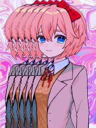 Rule 34 | 0tz026, 1girl, afterimage, blazer, blue eyes, bow, breasts, collared shirt, distortion, doki doki literature club, glitch, hair bow, highres, jacket, long sleeves, looking at viewer, neck ribbon, pink background, pink hair, red bow, red ribbon, ribbon, sayori (doki doki literature club), shirt, short hair, small breasts, solo, tearing up, upper body, white shirt