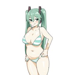 Rule 34 | 1girl, :q, alternate breast size, aqua eyes, aqua hair, bikini, blush, breasts, cleavage, dot nose, hair between eyes, hair ornament, hands on own hips, hatsune miku, highres, large breasts, long hair, looking at viewer, navel, smile, solo, string bikini, striped bikini, striped clothes, swimsuit, tenten (chan4545), thick thighs, thighs, tongue, tongue out, twintails, very long hair, vocaloid