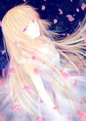 Rule 34 | 10s, 1girl, blonde hair, cherry blossoms, collarbone, dress, fuwa aika, highres, lazy orange, long hair, looking at viewer, purple eyes, sky, solo, star (sky), starry sky, white dress, zetsuen no tempest