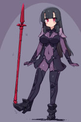 Rule 34 | 1girl, armor, black hair, bodysuit, breasts, commission, cosplay, covered navel, fate/grand order, fate (series), gae bolg (fate), large breasts, long hair, pixiv commission, polearm, purple bodysuit, red eyes, scathach (fate), scathach (fate) (cosplay), shoulder armor, skin tight, solo, spear, starmine (manga), stroma, very long hair, weapon
