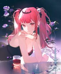 Rule 34 | 1girl, black nightgown, black scrunchie, blunt bangs, breasts, candle, candlestand, cleavage, cup, earrings, flower, hair ornament, hand on own shoulder, highres, hololive, hololive english, jewelry, large breasts, light particles, looking at viewer, lying, mori calliope, mori calliope (sleepwear), nightgown, on floor, on stomach, pink eyes, pink hair, plant, purple flower, rainbow gradient, reflection, requiem (requiem art), scrunchie, skull earrings, skull hair ornament, solo, sparkle, tiara, twintails, virtual youtuber