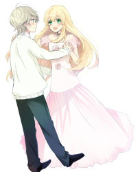 Rule 34 | 10s, 1boy, 1girl, aged down, aldnoah.zero, amy26, asseylum vers allusia, bad id, bad pixiv id, bare shoulders, blonde hair, blue eyes, blush, couple, dancing, dress, green eyes, hand on another&#039;s hip, hand on another&#039;s shoulder, interlocked fingers, long hair, looking at another, open mouth, pink dress, silver hair, slaine troyard, smile, sweater, very long hair, white background