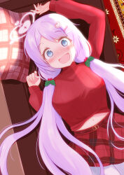 Rule 34 | 1girl, :d, absurdres, aqua eyes, arm up, blue archive, blush, christmas ornaments, commentary request, couch, embarrassed, eyes visible through hair, hair ornament, hairclip, halo, hanae (blue archive), hanae (christmas) (blue archive), heart, heart hair ornament, highres, long hair, long sleeves, looking at viewer, lying, midriff, navel, nose blush, official alternate costume, on back, open mouth, pantyhose, parted bangs, pillow, plaid, plaid skirt, pleated skirt, purple hair, ribbed sweater, sidelocks, skirt, smile, solo, sweatdrop, sweater, white pantyhose, yasutarou