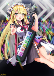 Rule 34 | 1girl, absurdres, bare shoulders, bell, blonde hair, blunt bangs, blush, bow, breasts, bridal garter, choker, collared dress, copyright name, dress, frills, glowstick, green eyes, hair between eyes, hair ornament, headband, highres, holding, holding instrument, instrument, keytar, kougei ciel nana, long hair, looking at viewer, medium breasts, multicolored eyes, open mouth, ribbon, sleeveless, sleeveless dress, solo, sound voltex, stage, strap, tagme, thigh strap, tunamogumogu, white dress
