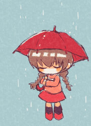 Rule 34 | 1girl, aqua background, black socks, blue background, blush, braid, brown hair, closed eyes, commentary, hands up, highres, holding, holding umbrella, long hair, long sleeves, no mouth, no nose, pink shirt, rain, red footwear, red skirt, red umbrella, shirt, shoes, skirt, socks, solo, standing, takasankuro, twin braids, twintails, umbrella, water drop, yume nikki