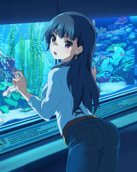 Rule 34 | 10s, 1girl, :o, against glass, aquarium, ass, blue hair, blue theme, blush, coral, denim, earrings, fish, jeans, jewelry, leaning forward, long hair, long sleeves, looking back, maki erika, official art, pants, purple eyes, solo, star (symbol), star earrings, wake up girls!, wake up girls! stage no tenshi, water