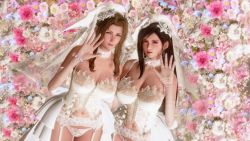 Rule 34 | 2girls, 3d, aerith gainsborough, artist request, black hair, bracelet, breasts, bridal lingerie, bridal veil, brown hair, choker, cleavage, dress, final fantasy, final fantasy vii, final fantasy vii remake, floral background, green eyes, jewelry, large breasts, lingerie, long hair, looking at viewer, medium breasts, multiple girls, necklace, nemui (54995339), outstretched hand, panties, parted bangs, red eyes, sidelocks, smile, square enix, tifa lockhart, underwear, upper body, veil, wavy hair, wedding dress, white lingerie, white panties