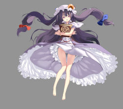 Rule 34 | 1girl, barefoot, book, bow, capelet, crescent, dress, grey background, groin, hair bow, hair ornament, hat, highres, long hair, mob cap, open mouth, panties, patchouli knowledge, pentagram, purple eyes, purple hair, robe, short sleeves, sidelocks, simple background, solo, thigh gap, touhou, underwear, white panties, wind, wind lift, zhu fun