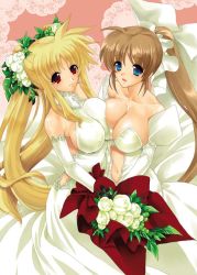Rule 34 | 00s, 2girls, asymmetrical docking, blonde hair, blue eyes, bouquet, breast press, breasts, brown hair, cleavage, dress, covered erect nipples, fate testarossa, flower, hasei agana, large breasts, long hair, lyrical nanoha, mahou shoujo lyrical nanoha, mahou shoujo lyrical nanoha strikers, multiple girls, ponytail, red eyes, sideboob, takamachi nanoha, twintails, wedding dress, wife and wife, yuri
