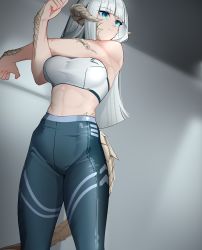 Rule 34 | 1girl, abs, armpits, au ra, blunt bangs, breasts, commission, dragon horns, dragon tail, final fantasy, final fantasy xiv, green eyes, grey background, highres, horns, large breasts, leggings, long hair, original, scales, skeb commission, sports bra, stretching, tail, thighs, warashi, warrior of light (ff14), white hair