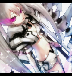 Rule 34 | 10s, 1girl, bad id, bad pixiv id, black rock shooter, black rock shooter (game), chm, collar, letterboxed, midriff, pink eyes, short shorts, shorts, solo, star (symbol), white hair, white rock shooter