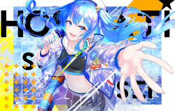 Rule 34 | 1girl, absurdres, aritsuno, arm up, beret, black pants, blue eyes, blue hair, blue nails, border, breasts, crop top, earrings, english text, floating hair, hair ornament, hand up, hat, highres, holding, holding microphone, hololive, hoshimachi suisei, jacket, jewelry, long hair, looking at viewer, microphone, midriff, music, nail polish, navel, outstretched arm, paint splatter, pants, see-through, see-through jacket, singing, small breasts, solo, star (symbol), star hair ornament, stomach, virtual youtuber, wavy hair, white border, white hat