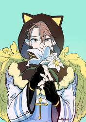Rule 34 | 1boy, animal ear headwear, arch bishop (ragnarok online), black gloves, blue coat, brown eyes, brown hair, brown hood, coat, commentary request, cropped jacket, cross, cross necklace, fake animal ears, fingerless gloves, flower, gloves, green background, hair between eyes, holding, holding flower, hood, hood up, jacket, jewelry, long sleeves, looking at viewer, male focus, necklace, ragnarok online, short hair, simple background, solo, upper body, white flower, white jacket, zhi xie