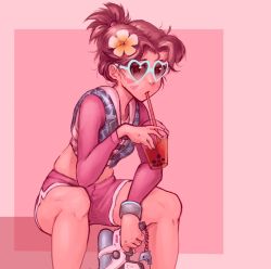 Rule 34 | 1girl, alternate hair length, alternate hairstyle, blue-framed eyewear, bubble tea, commentary, crop top, d.va (overwatch), dolphin pendant, english commentary, facial mark, flower, hair flower, hair ornament, heart, heart-shaped pupils, highres, life vest, long sleeves, looking at viewer, official alternate costume, overwatch, overwatch 1, pink shorts, rash guard, ron tsfany, short hair, short ponytail, shorts, sitting, solo, sunglasses, symbol-shaped pupils, updo, water gun, waveracer d.va, whisker markings