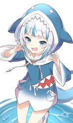 Rule 34 | 1girl, :d, animal hood, aotake iro, blue eyes, blue hair, blue nails, blush, commentary, fins, fish tail, gawr gura, gawr gura (1st costume), hololive, hololive english, hood, hood up, long sleeves, looking at viewer, multicolored hair, nail polish, open mouth, paw pose, shark girl, shark hood, shark tail, sharp teeth, smile, solo, streaked hair, tail, teeth, virtual youtuber, water, white background, white footwear, white hair, wide sleeves
