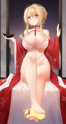 Rule 34 | 1girl, absurdres, azur lane, bare legs, barefoot, bird, blonde hair, blue eyes, bra, breasts, cang se ye hua, chick, chinese new year, dress, feet, glorious (azur lane), glorious (pungent plum) (azur lane), highres, long hair, looking at viewer, manjuu (azur lane), official alternate costume, open clothes, red dress, retrofit (azur lane), revealing clothes, solo, underwear, white bra