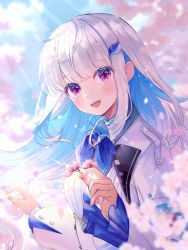 Rule 34 | 1girl, :d, absurdres, blue hair, blue neckwear, blush, floating hair, flower, hair ornament, hairclip, highres, holding, holding flower, lize helesta, lize helesta (1st costume), long hair, long sleeves, looking at viewer, multicolored hair, nijisanji, open mouth, pink flower, purple eyes, shirt, silver hair, smile, solo, sparkle, two-tone hair, upper body, very long hair, virtual youtuber, white shirt, yunmi 0527