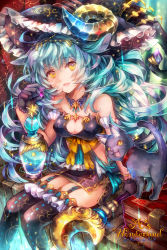 Rule 34 | 1girl, a&#039;s wonderland, animal ears, bad id, bad pixiv id, blue hair, cat, cat ears, garter straps, gloves, hat, horns, looking at viewer, md5 mismatch, original, resolution mismatch, shigaraki (strobe blue), sitting, solo, thighhighs, wand, yellow eyes