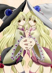 Rule 34 | 2girls, beryl benito, blonde hair, bow, brown eyes, dual persona, holding hands, hat, long hair, multiple girls, pink background, ribbon, tales of (series), tales of hearts, thighhighs, wide sleeves, witch hat