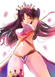 Rule 34 | 1girl, ;d, absurdres, armlet, armpits, arms behind head, arms up, artist name, asymmetrical gloves, asymmetrical legwear, bare arms, bare legs, bare shoulders, black hair, black ribbon, black thighhighs, breasts, crown, earrings, elbow gloves, fate/grand order, fate (series), female focus, floating hair, gem, gloves, hair ribbon, highres, hoop earrings, ishtar (fate), jewelry, kayanogura, large breasts, legs, long hair, looking at viewer, midriff, navel, one eye closed, open mouth, parted lips, red eyes, revealing clothes, ribbon, simple background, single elbow glove, single glove, single thighhigh, smile, solo, standing, strapless, teeth, thighhighs, thighlet, tohsaka rin, two side up, type-moon, uneven gloves, uneven legwear, waist cape, white background, wink