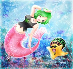Rule 34 | 1girl, air bubble, breasts, brown eyes, bubble, camie (one piece), cleavage, coral, fish, gradient background, green hair, hand on own head, hat, jewelry, looking at viewer, mermaid, monster girl, necklace, one eye closed, one piece, open mouth, pappug, shirt, short hair, sleeveless, sleeveless shirt, sparkle, star (symbol), sunglasses, tank top, tsukiori sasa, underwater, wrist cuffs