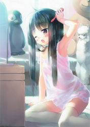 1girl absurdres adjusting_hair ahoge arm_support arm_up armpits bare_shoulders bedroom black_hair blush brown_eyes chemise child female_focus green_panties hair_brush highres long_hair mirror one_eye_closed open_mouth original panties see-through_clothes sitting sleepy solo strap_slip takoyaki_(roast) tears thighhighs underwear white_thighhighs wink yawning yokozuwari