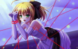 Rule 34 | 1girl, absurdres, ahoge, ame wa a ga tsutano?, artoria pendragon (all), artoria pendragon (fate), black ribbon, blonde hair, breasts, collarbone, dress, elbow gloves, fate/stay night, fate (series), gloves, green eyes, hair ribbon, highres, long hair, looking at viewer, official alternate costume, restrained, ribbon, saber (fate), sideboob, solo, strapless, strapless dress, white dress, white gloves