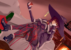 Rule 34 | 1girl, alternate costume, artist request, black gloves, black pantyhose, breasts, capelet, commentary request, fate/grand order, fate (series), female focus, full body, gloves, hair between eyes, hat, high heels, indoors, long hair, long sleeves, looking at viewer, medium breasts, pantyhose, purple hair, red eyes, scathach (fate), sitting, solo, very long hair, witch hat