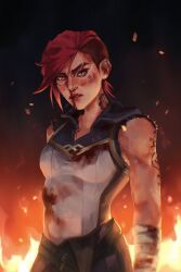 Rule 34 | 1girl, arcane: league of legends, arcane vi, bandaged arm, bandages, black background, black pants, blood, blood on clothes, blood on face, fire, highres, league of legends, manly, mimimaru, neck tattoo, nose piercing, nosebleed, pants, piercing, red hair, shirt, short hair, solo, swept bangs, tattoo, vi (league of legends), white shirt