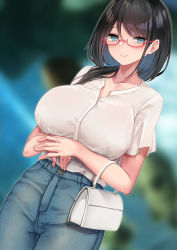 Rule 34 | 1girl, aqua eyes, bad id, bad pixiv id, bag, black hair, blue pants, blurry, blurry background, blush, breasts, closed mouth, denim, dutch angle, full body, glasses, handbag, high heels, highres, jeans, large breasts, long hair, looking at viewer, original, osisio, pants, shirt, shirt tucked in, short sleeves, smile, solo, standing, white footwear, white shirt