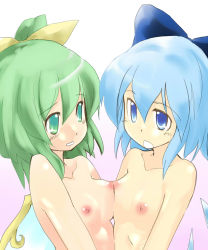 Rule 34 | 2girls, asymmetrical docking, bare shoulders, blue eyes, blue hair, bow, breast press, breasts, cirno, daiyousei, female focus, flat chest, green eyes, green hair, hair bow, multiple girls, nipples, nipples touching, nude, short hair, small breasts, symmetrical docking, takara akihito, embodiment of scarlet devil, touhou, upper body, wings, yuri