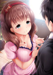 Rule 34 | 1boy, 1girl, adjusting clothes, adjusting necktie, bad id, bad pixiv id, blue eyes, blush, breasts, brown hair, cleavage, commentary request, garana, hairband, heart, heart necklace, highres, idolmaster, idolmaster cinderella girls, medium breasts, necklace, necktie, ribbon, sakuma mayu, short hair, smile, solo focus