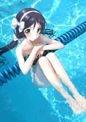 Rule 34 | 10s, 1girl, barefoot, blue hair, blush, completely nude, feet, green eyes, hair between eyes, hairband, highres, lane line, legs, long hair, love live!, love live! school idol project, mocha, nude, pool, solo, tojo nozomi, twintails, wet, wet hair