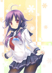 Rule 34 | 10s, 1girl, ahoge, apron, black pantyhose, breasts, hitoguchi (hioxhio), kantai collection, kappougi, looking at viewer, low twintails, neckerchief, pantyhose, pleated skirt, purple hair, purple skirt, red eyes, sailor collar, skirt, skirt hold, smile, solo, taigei (kancolle), twintails