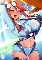 Rule 34 | 1girl, blue eyes, blush, breasts, creatures (company), female focus, game freak, large breasts, long hair, looking at viewer, naughty face, nintendo, pokemon, pokemon bw, red hair, revolverwing, skyla (pokemon), solo