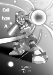 Rule 34 | 1girl, arm cannon, call (mighty no. 9), call a, dated, eyewear on head, hairpods, highres, image sample, mighty no. 9, monochrome, ramzaroma, robot, short hair, shorts, solo, striped legwear, striped sleeves, weapon