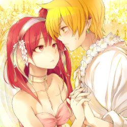 Rule 34 | 1boy, 1girl, ali baba saluja, bare shoulders, blonde hair, blush, breasts, cleavage, collarbone, couple, earrings, eye contact, flower, hairband, holding hands, hetero, hutuumikan, jewelry, long hair, looking at another, magi the labyrinth of magic, morgiana, one side up, red eyes, red hair, yellow eyes