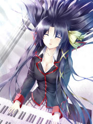 Rule 34 | 1girl, absurdly long hair, bad id, bad pixiv id, black hair, black jacket, bow, breasts, cleavage, collarbone, dress shirt, closed eyes, floating hair, from above, grey skirt, hair between eyes, hair bow, instrument, jacket, kurugaya yuiko, large breasts, little busters!, long hair, morizono shiki, music, parted lips, piano, playing instrument, pleated skirt, school uniform, shirt, sitting, skirt, solo, very long hair, white shirt, yellow bow