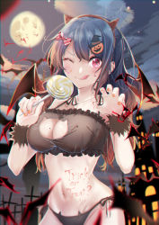 Rule 34 | 1girl, absurdres, bare shoulders, bat (animal), bat wings, belly, black hair, blush, bow, breasts, candy, cat lingerie, claw pose, cleavage, collarbone, eyebrows hidden by hair, fang, food, frills, full moon, hair between eyes, hair bow, hair ornament, halloween, halloween costume, heart, highres, komupi, large breasts, lollipop, looking at viewer, medium hair, meme attire, moon, nail polish, navel, night, night sky, one eye closed, original, purple eyes, silk, sky, solo, spider web, tongue, tongue out, wings