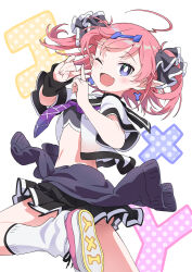 Rule 34 | 1girl, absurdres, ahoge, black ribbon, black sailor collar, black skirt, clothes around waist, commentary request, earrings, fang, hair ribbon, highres, indie virtual youtuber, ixyv, jacket, jacket around waist, jewelry, looking at viewer, looking to the side, loose socks, midriff, miniskirt, nakagawa hiromi, one eye closed, open mouth, pink hair, pleated skirt, purple eyes, ribbon, sailor collar, skin fang, skirt, socks, solo, twintails, white background, white socks