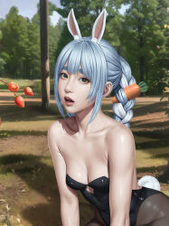 Rule 34 | 1girl, absurdres, animal ear fluff, animal ears, bare shoulders, black leotard, black pantyhose, blue hair, blue sky, braid, breasts, caramel buding, carrot, carrot hair ornament, carrot in pocket, cleavage, coat dress, collarbone, commentary, detached sleeves, dress, foliage, food, food-themed hair ornament, forest, fruit, grass, green eyes, hair between eyes, hair ornament, hands on ground, hands on own knees, highleg, highleg leotard, highres, hikimayu, hololive, kneeling, leaning forward, leotard, lips, long hair, medium breasts, multicolored hair, nature, nose, outdoors, pantyhose, parted lips, pink lips, puffy short sleeves, puffy sleeves, rabbit ears, rabbit girl, rabbit tail, realistic, romaji commentary, shadow, short eyebrows, short sleeves, sidelocks, sky, solo, strapless, strapless coat, strapless dress, strapless leotard, strawberry, tail, teeth, thick eyebrows, twin braids, two-tone hair, upper teeth only, usada pekora, usada pekora (1st costume), virtual youtuber, white hair, white sleeves